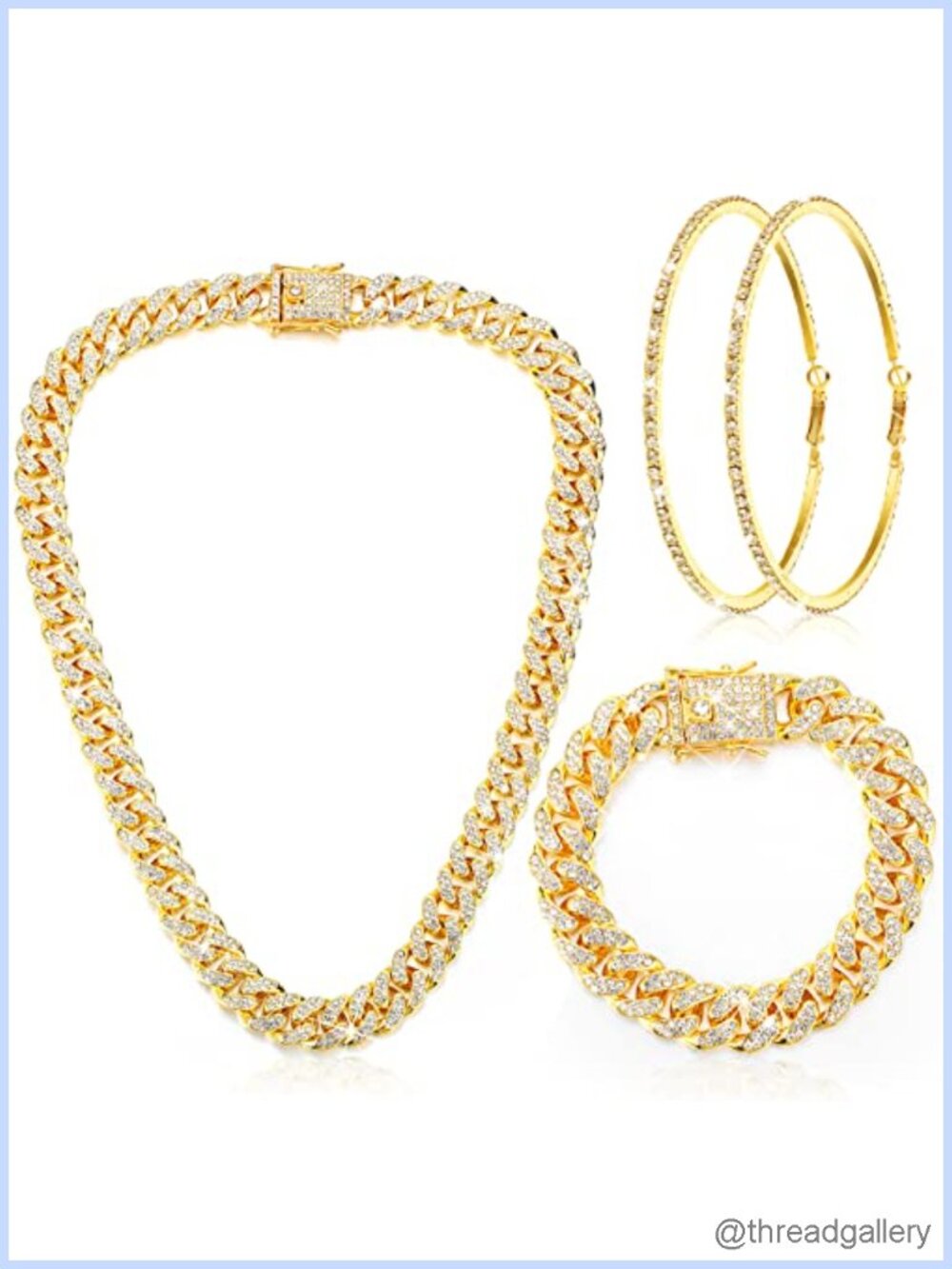 Rhinestone Cuban Link Necklace Bracelet Hoop Earrings Jewelry Set